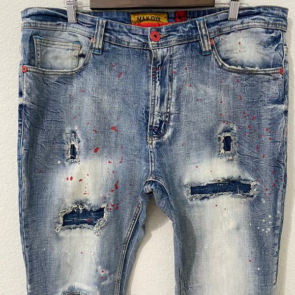 Makobi Biker Jeans Mens Size 38 x 34 Rip & Repair Distressing Paint Splatter - Picture 7 of 15